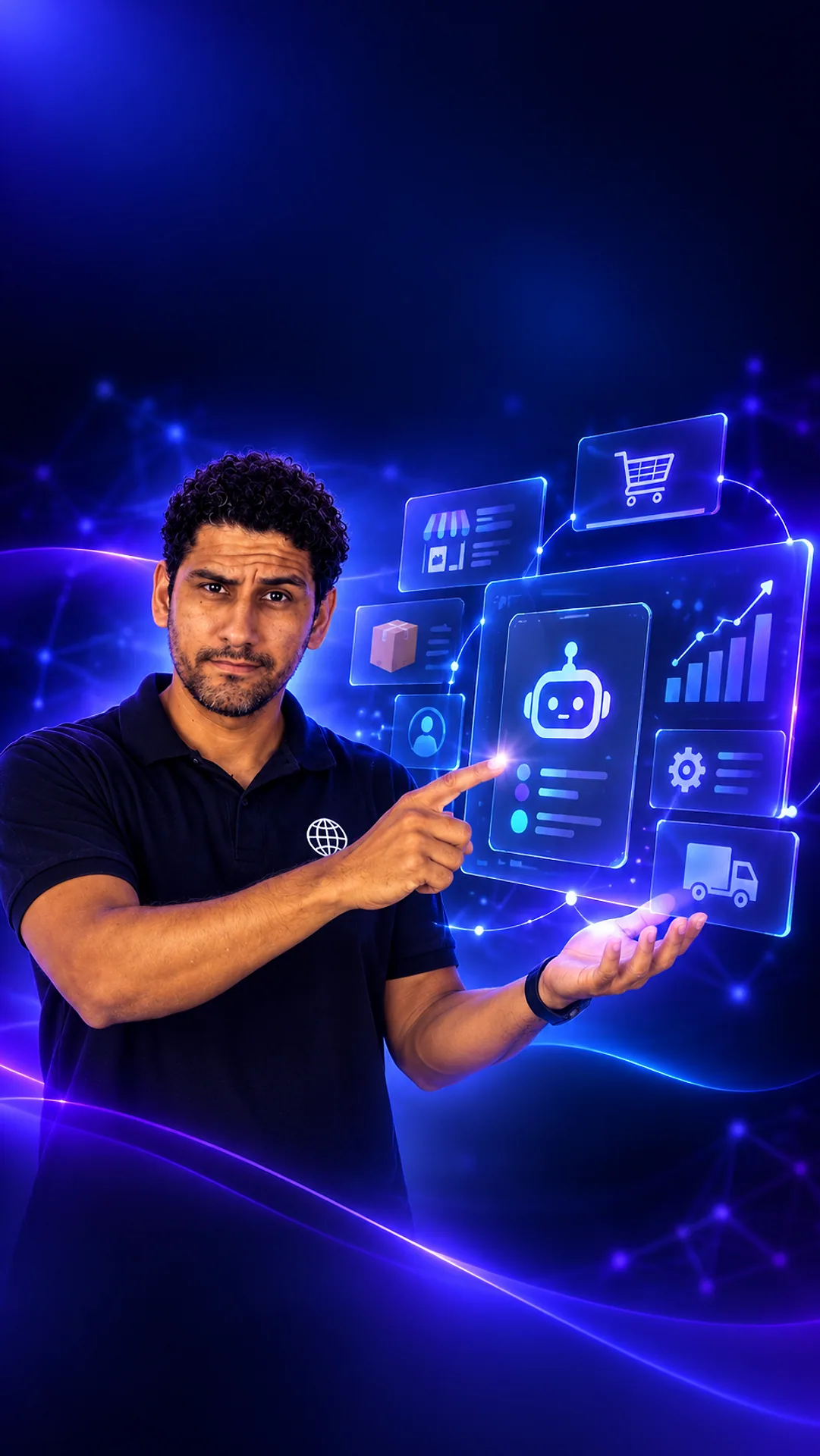 Alexandre Fiel apontando para um painel de gestão de marketplace